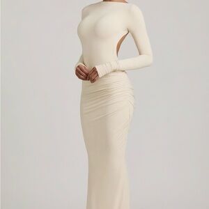 Oh Polly Cream Long Sleeve Dress Modal Ruched Backless Maxi Dress in Ivory